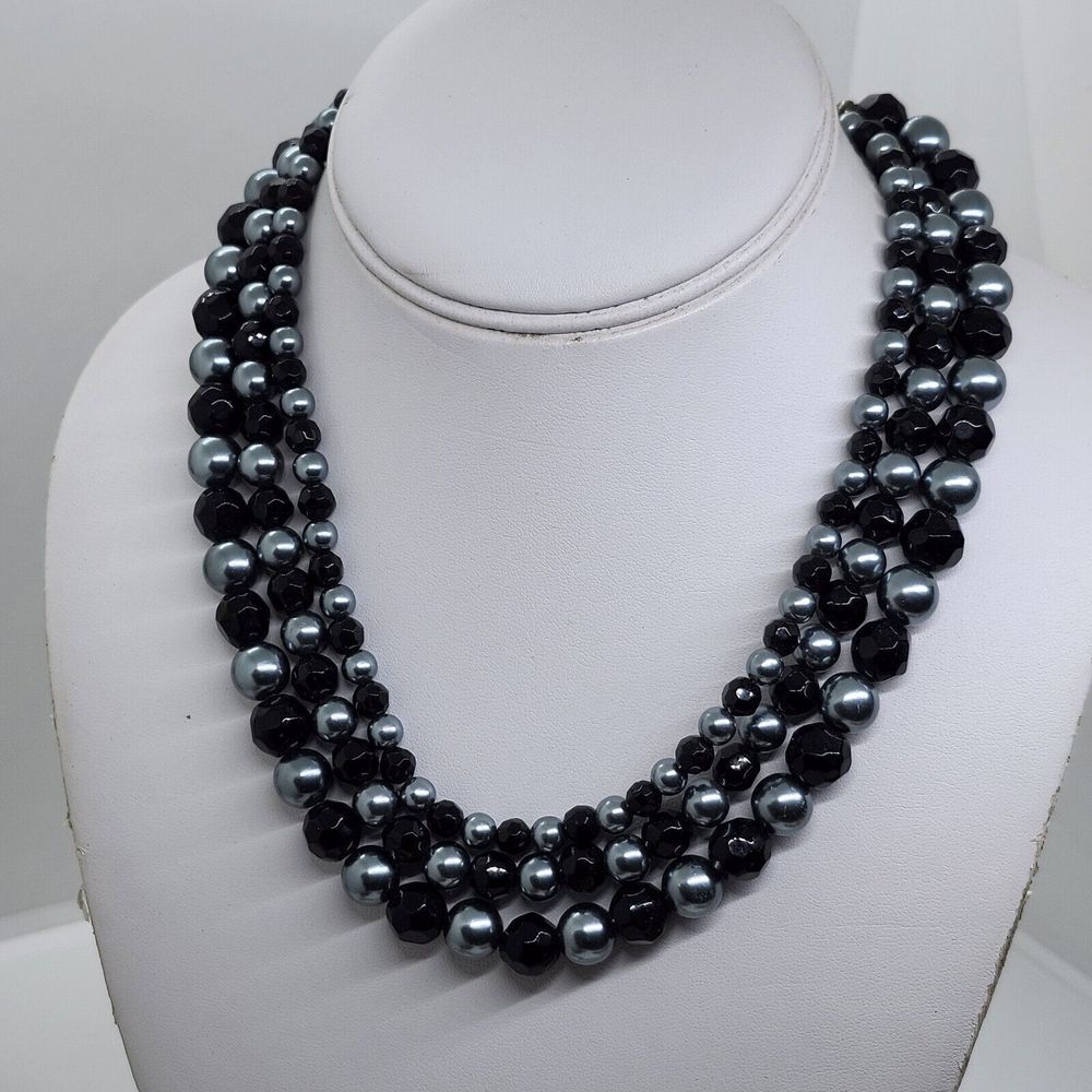 Premier Design Black And Pearl Blue 3 Strand Necklace